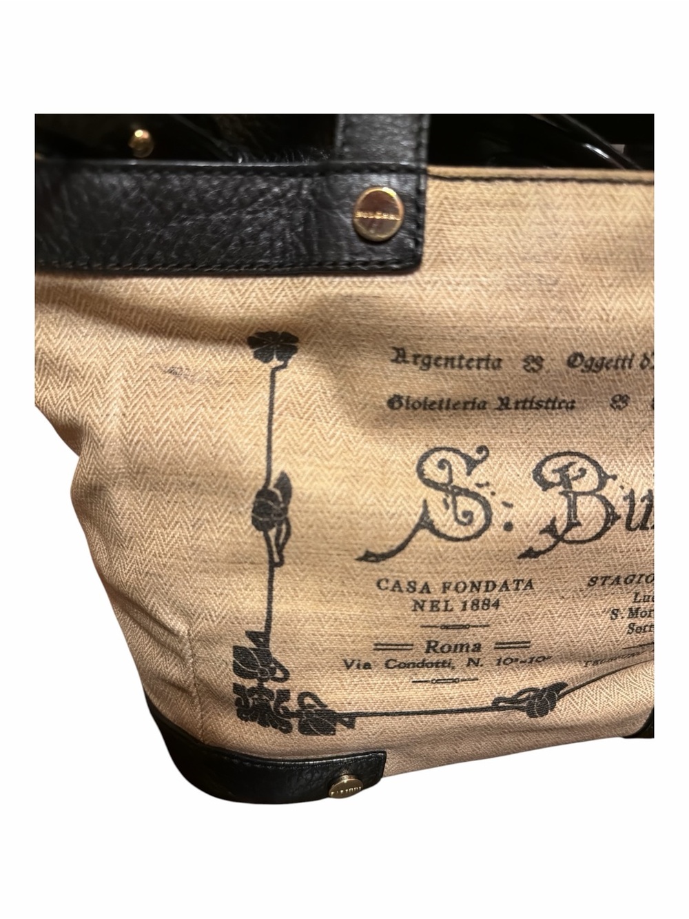 Rare Vintage Authentic BVLGARI "Arte e Antiquaria" Canvas & Black Leather Tote - Picture 6 of 11